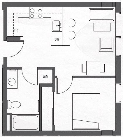 A floor plan of a house with labeled rooms such as DW and WD.